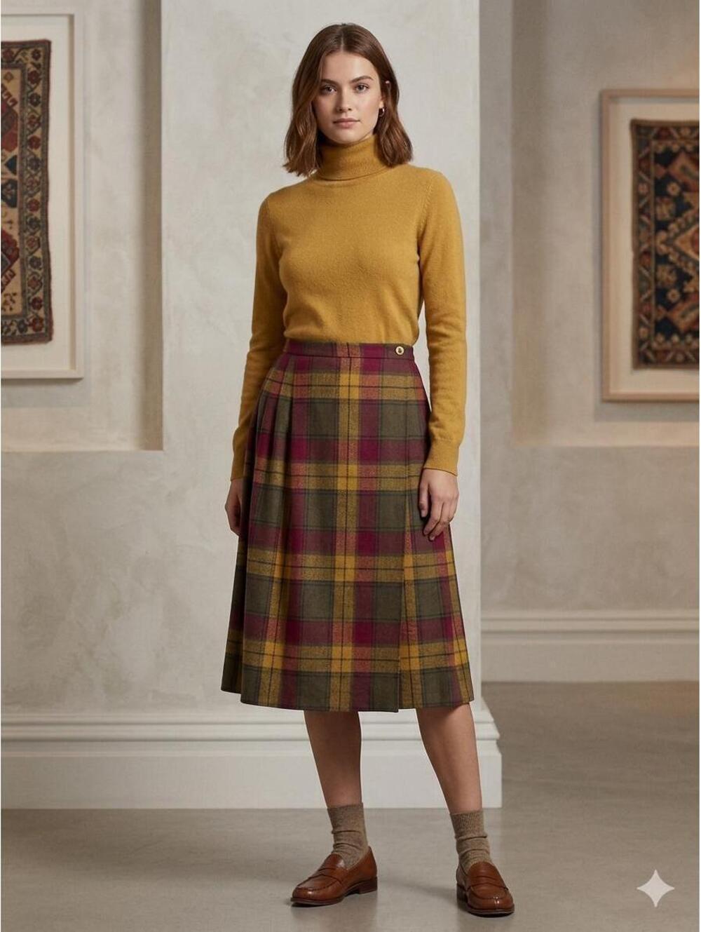 Plaid Wool Skirt, Liz Claiborne  Midi Skirt, Yellow Red Pleated Wrap Skirt, Sz M